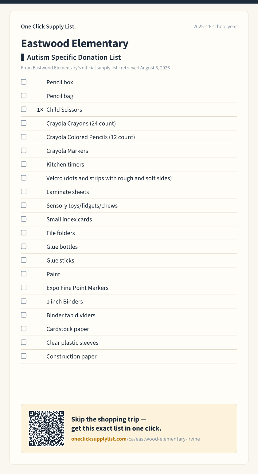 Eastwood Elementary Autism Specific Donation List supply list — printable image