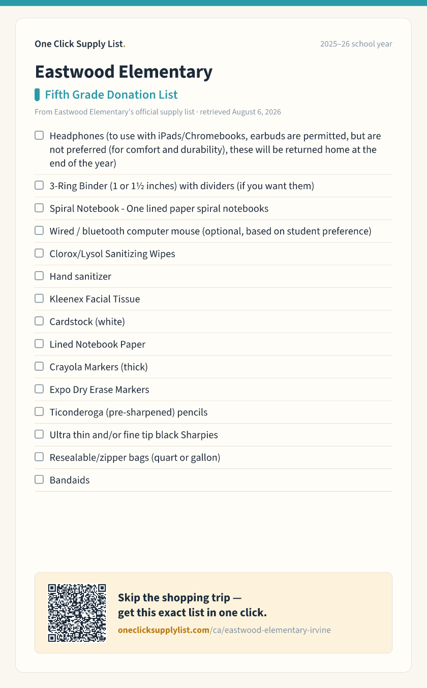 Eastwood Elementary Fifth Grade Donation List supply list — printable image