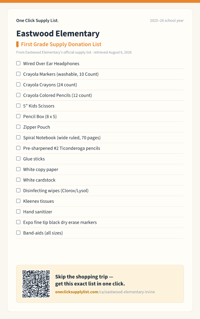 Eastwood Elementary First Grade Supply Donation List supply list — printable image