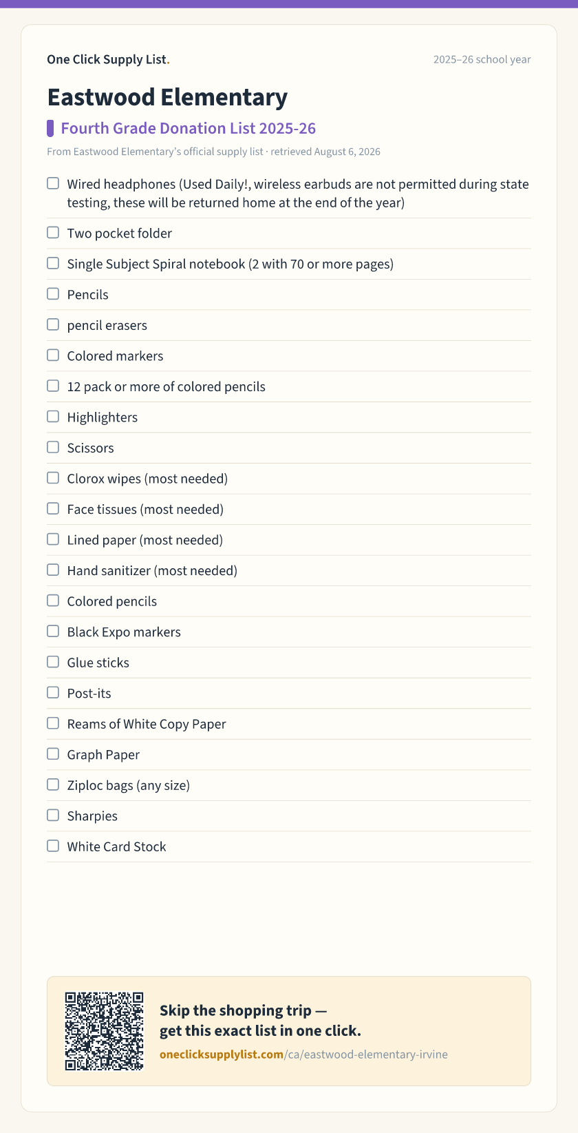 Eastwood Elementary Fourth Grade Donation List 2025-26 supply list — printable image