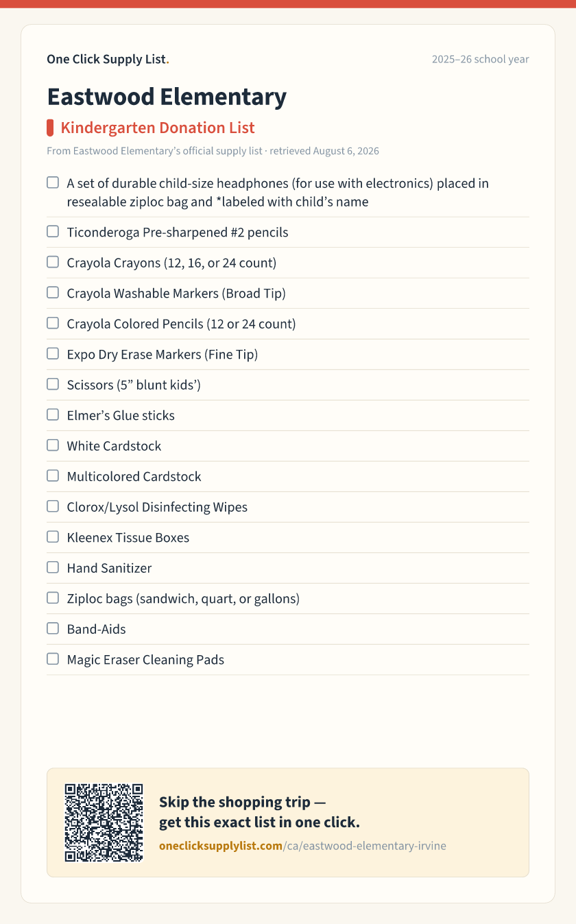 Eastwood Elementary Kindergarten Donation List supply list — printable image