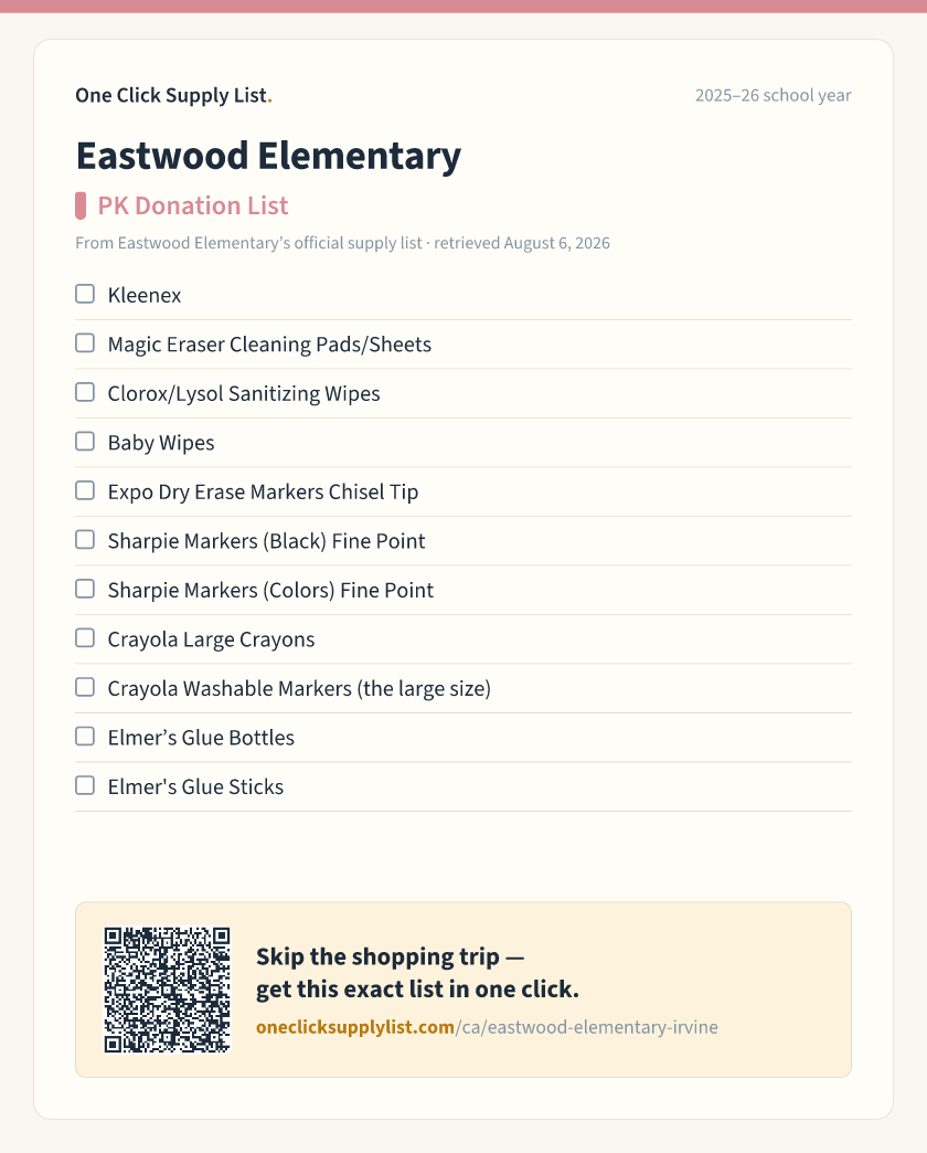 Eastwood Elementary PK Donation List supply list — printable image