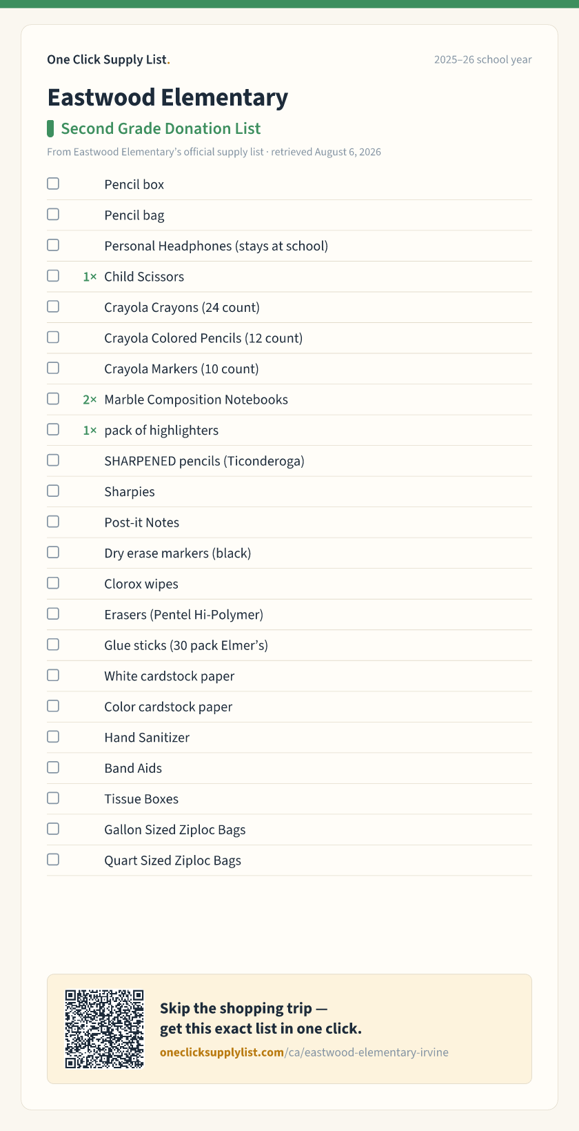Eastwood Elementary Second Grade Donation List supply list — printable image