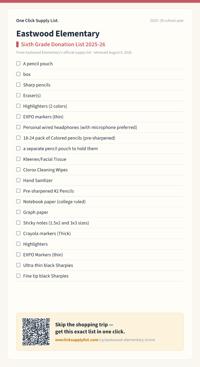 Eastwood Elementary Sixth Grade Donation List 2025-26 supply list — printable image