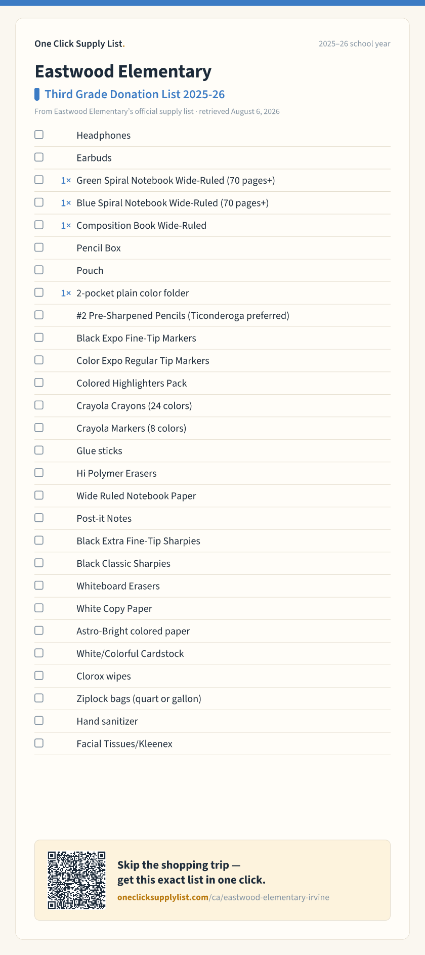 Eastwood Elementary Third Grade Donation List 2025-26 supply list — printable image