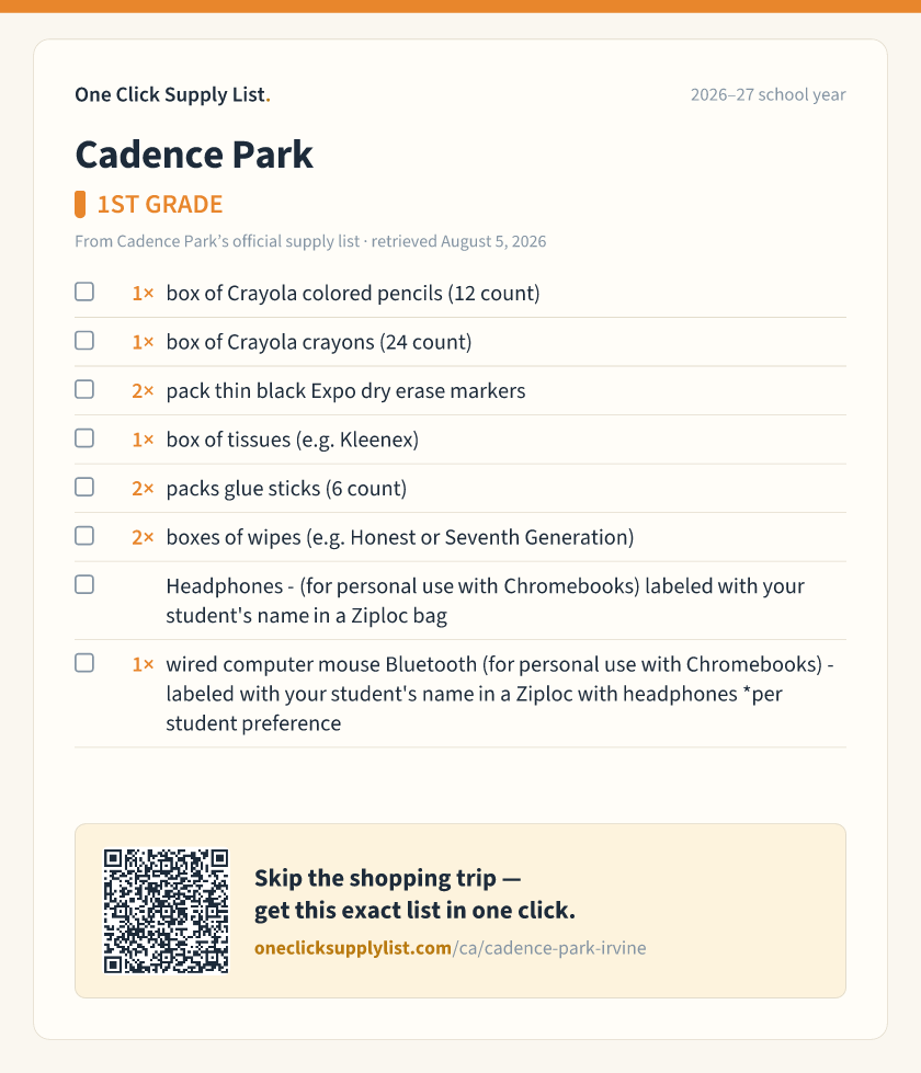 Cadence Park 1ST GRADE supply list — printable image