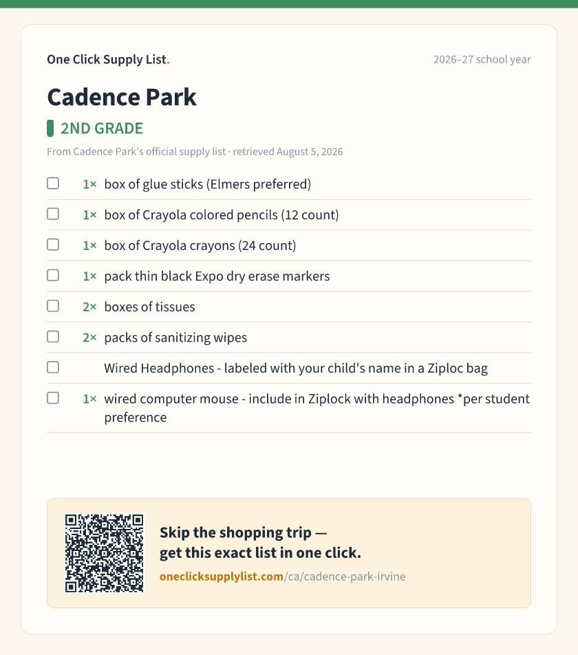 Cadence Park 2ND GRADE supply list — printable image