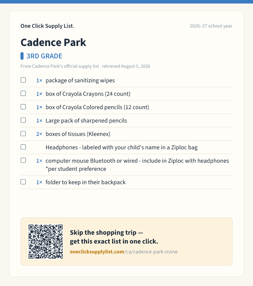Cadence Park 3RD GRADE supply list — printable image