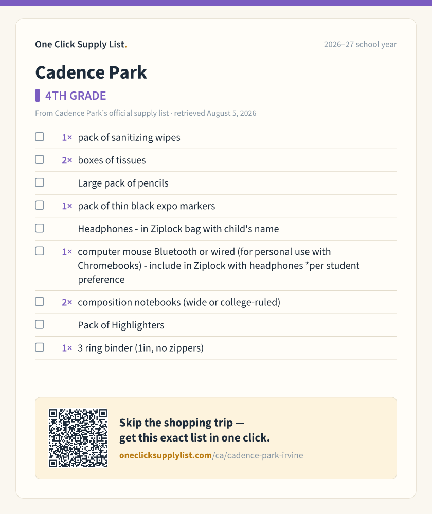 Cadence Park 4TH GRADE supply list — printable image