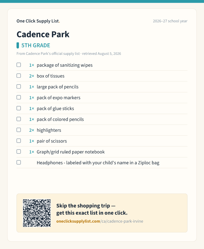 Cadence Park 5TH GRADE supply list — printable image