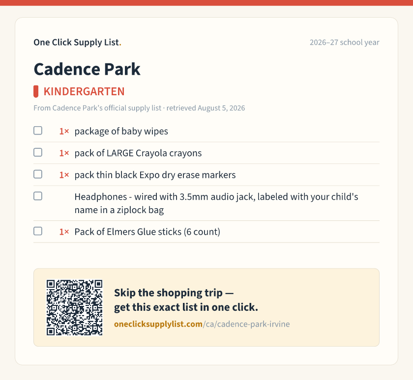 Cadence Park KINDERGARTEN supply list — printable image