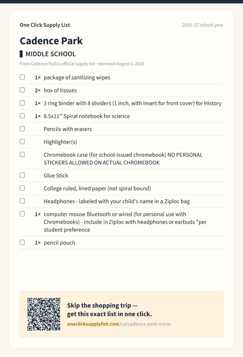Cadence Park MIDDLE SCHOOL supply list — printable image