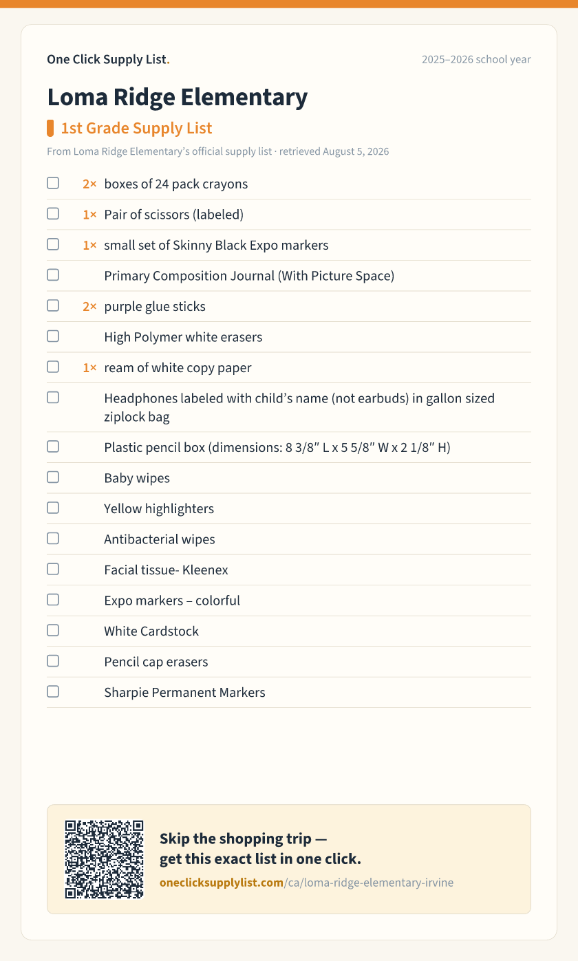 Loma Ridge Elementary 1st Grade Supply List supply list — printable image