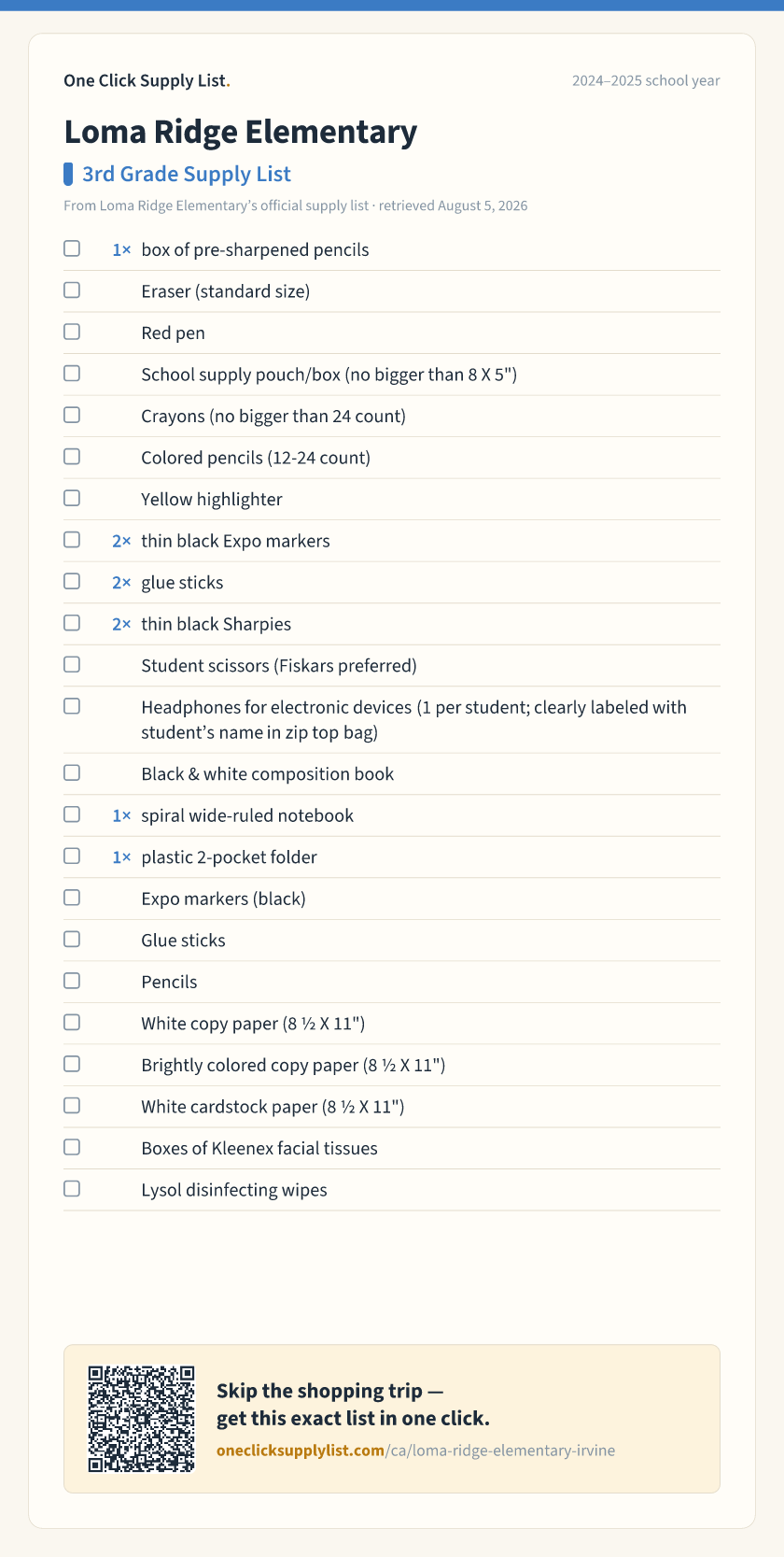 Loma Ridge Elementary 3rd Grade Supply List supply list — printable image