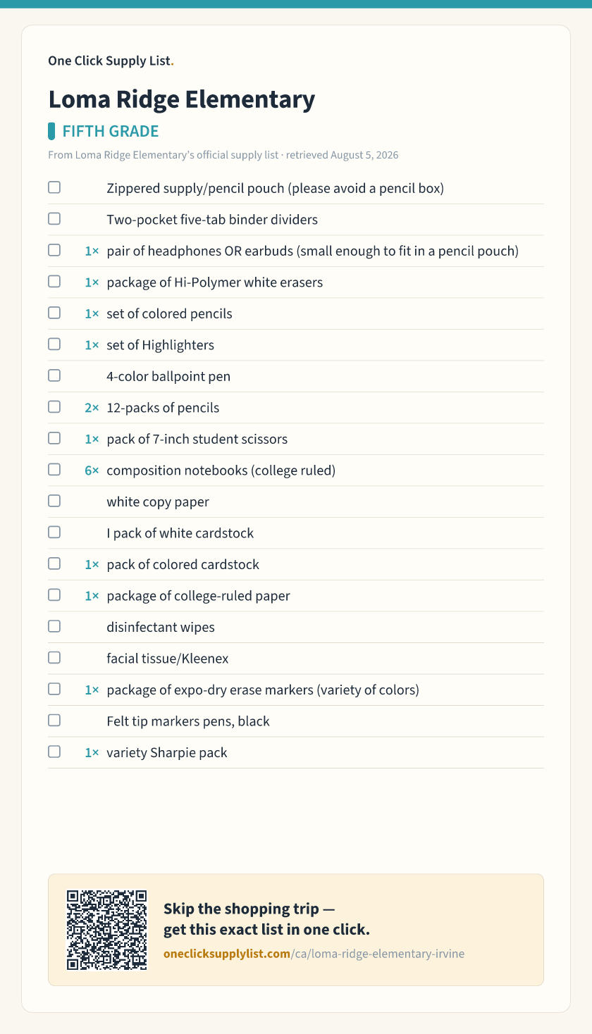 Loma Ridge Elementary FIFTH GRADE supply list — printable image