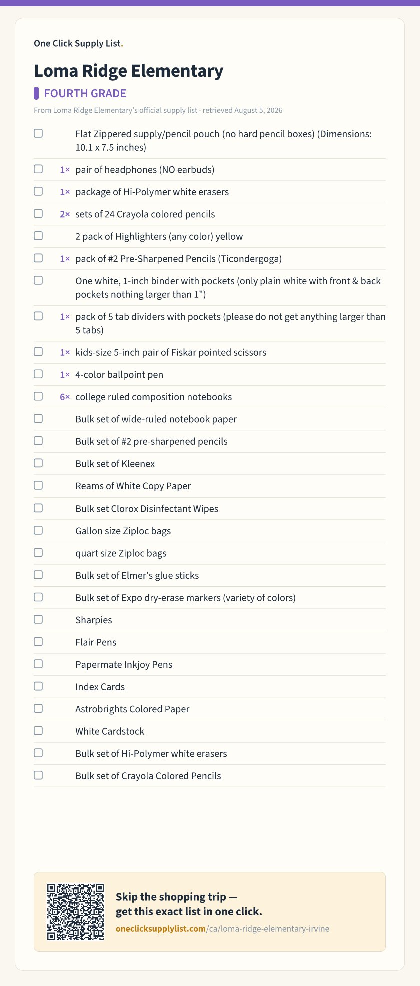 Loma Ridge Elementary FOURTH GRADE supply list — printable image