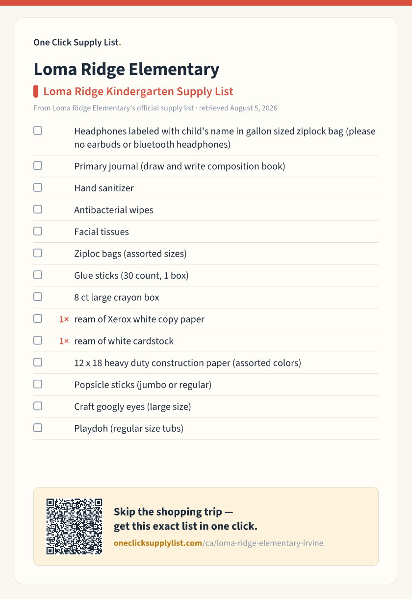 Loma Ridge Elementary Loma Ridge Kindergarten Supply List supply list — printable image