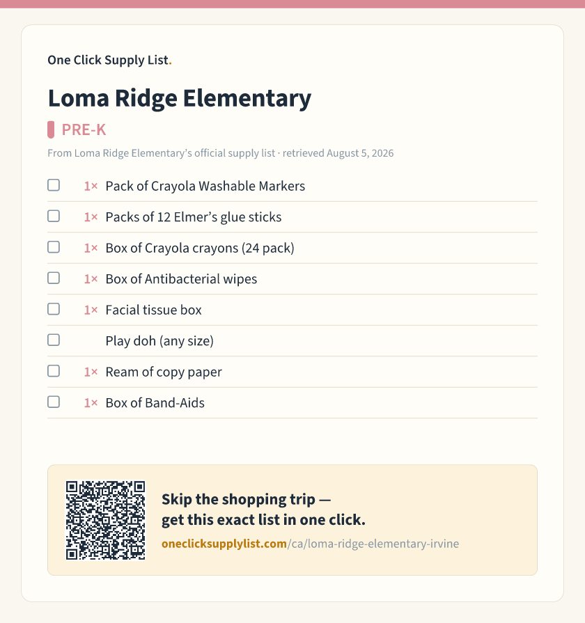 Loma Ridge Elementary PRE-K supply list — printable image