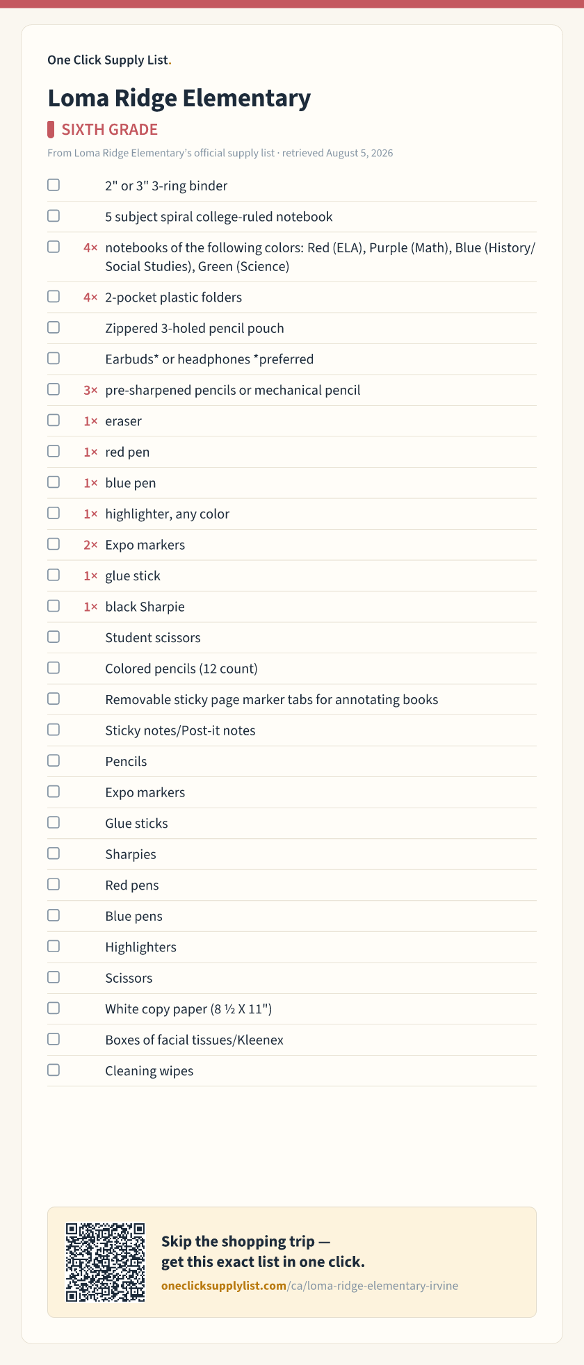 Loma Ridge Elementary SIXTH GRADE supply list — printable image