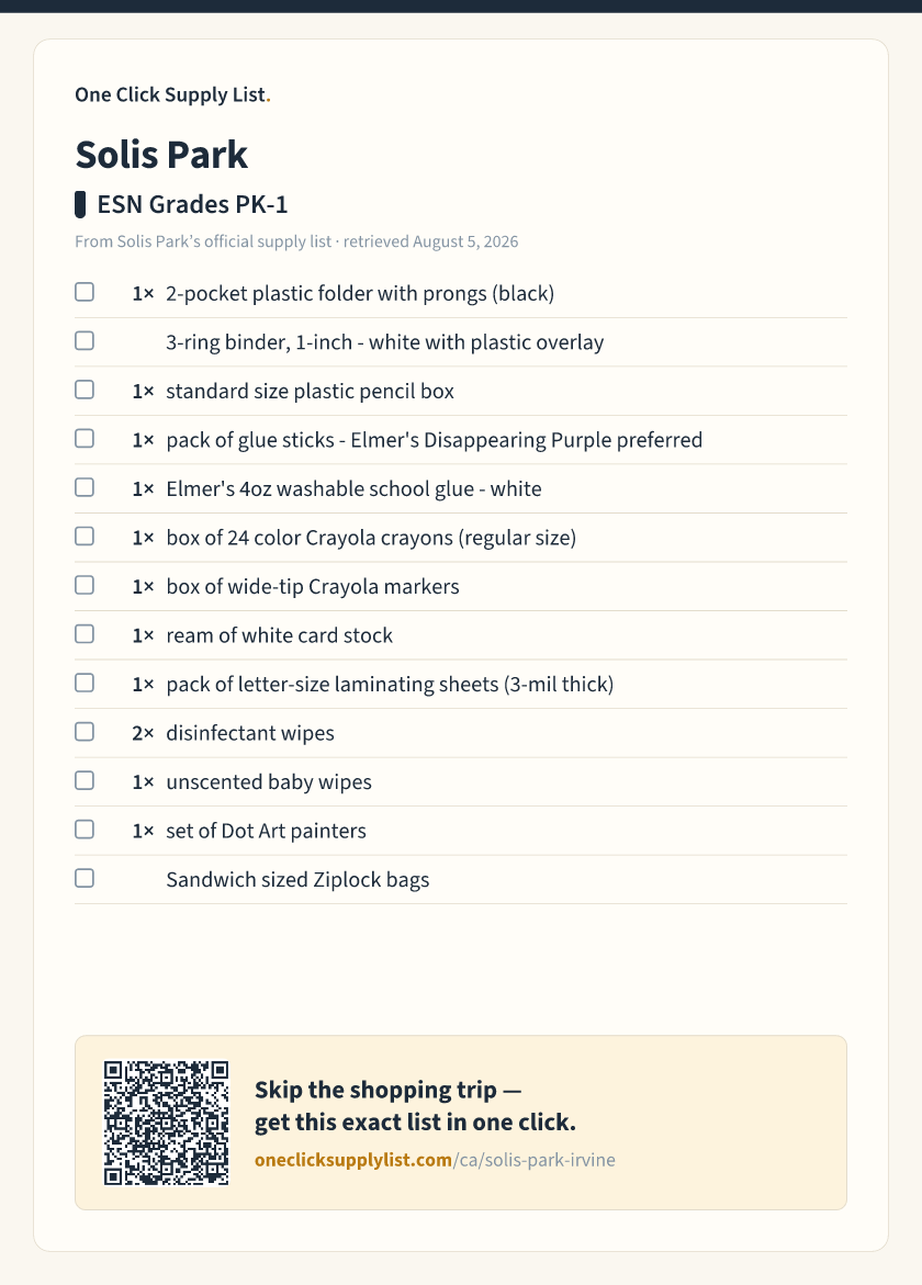 Solis Park ESN Grades PK-1 supply list — printable image