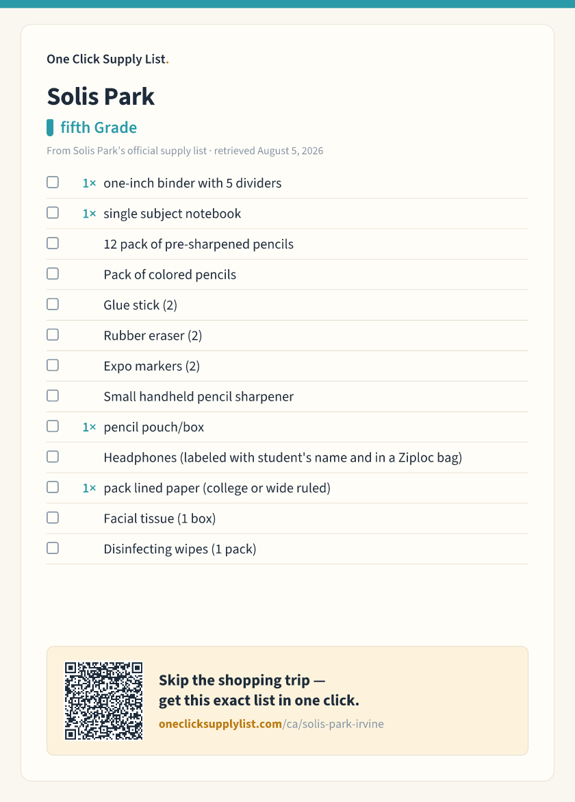 Solis Park fifth Grade supply list — printable image