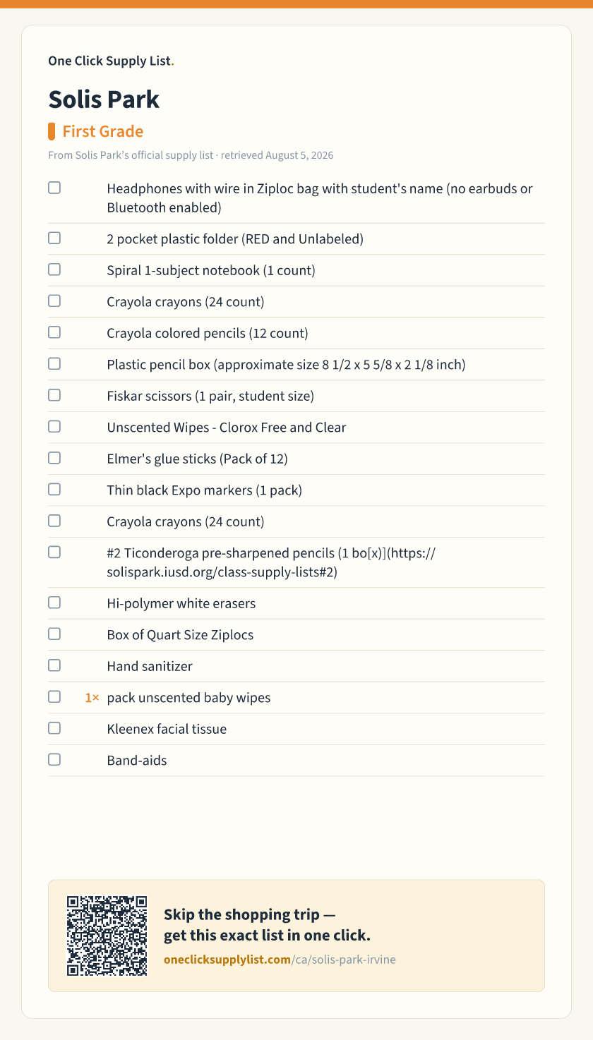 Solis Park First Grade supply list — printable image