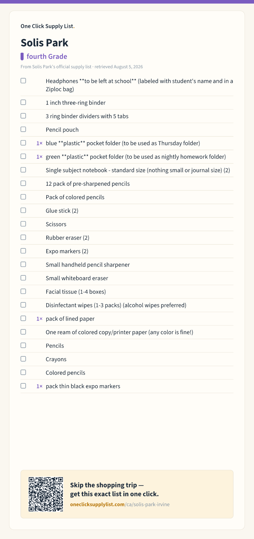 Solis Park fourth Grade supply list — printable image