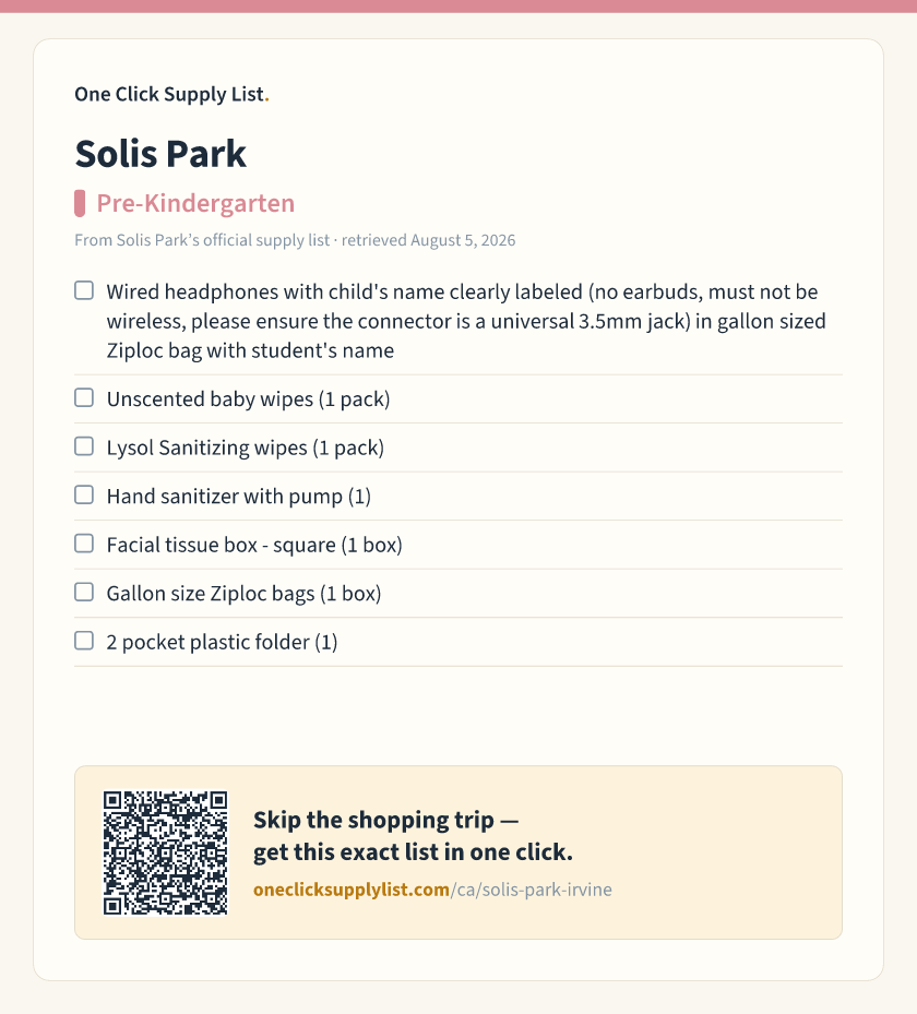 Solis Park Pre-Kindergarten supply list — printable image