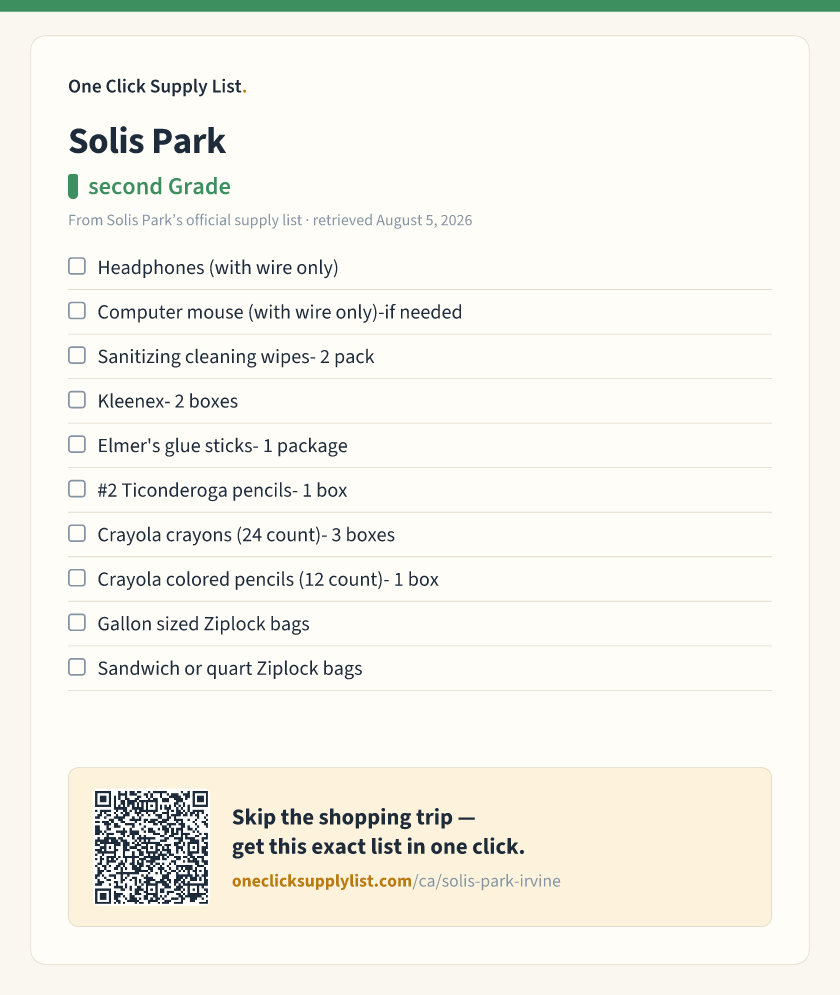 Solis Park second Grade supply list — printable image