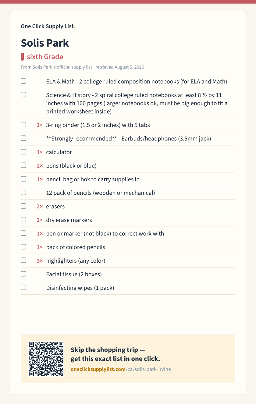 Solis Park sixth Grade supply list — printable image