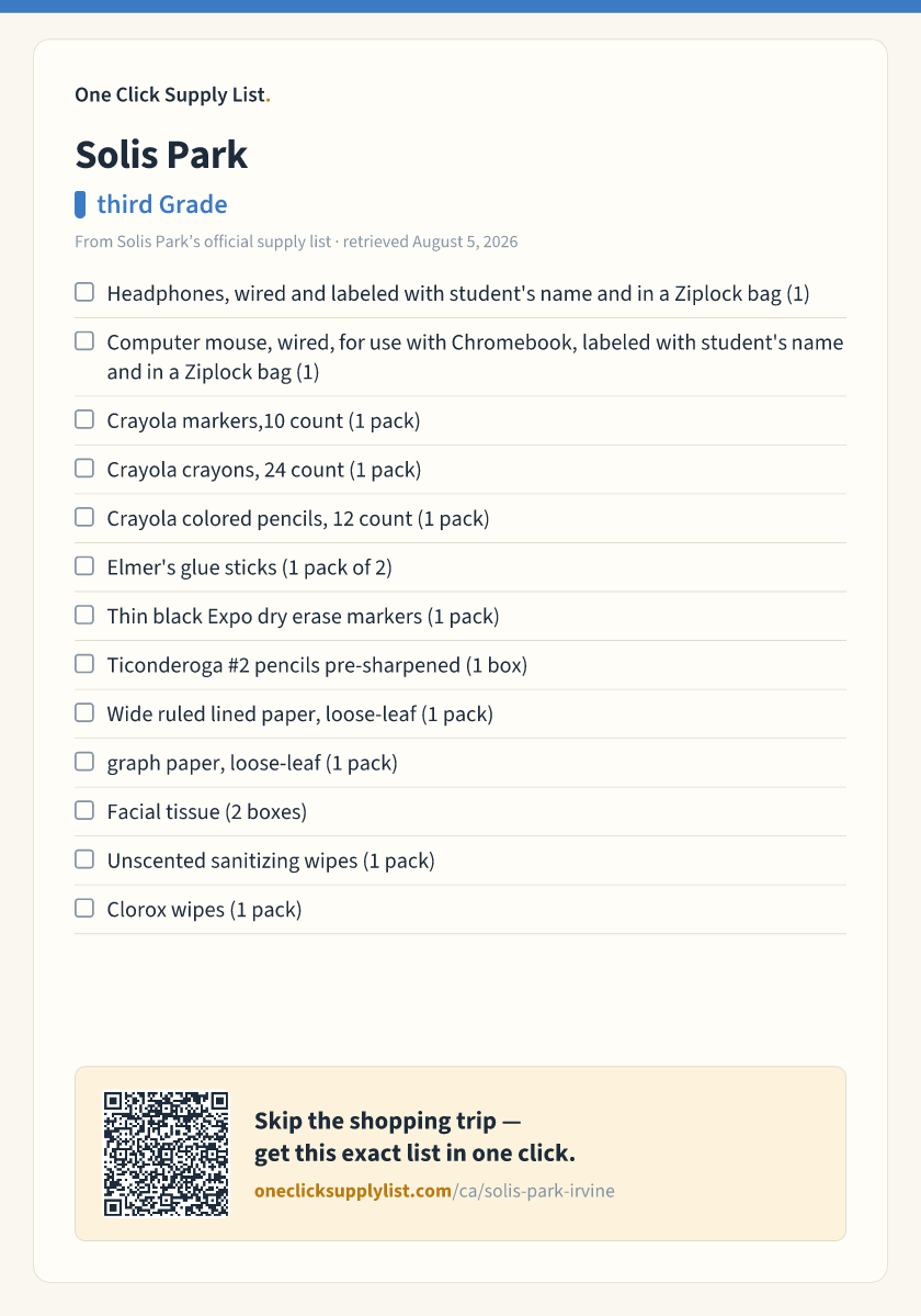Solis Park third Grade supply list — printable image