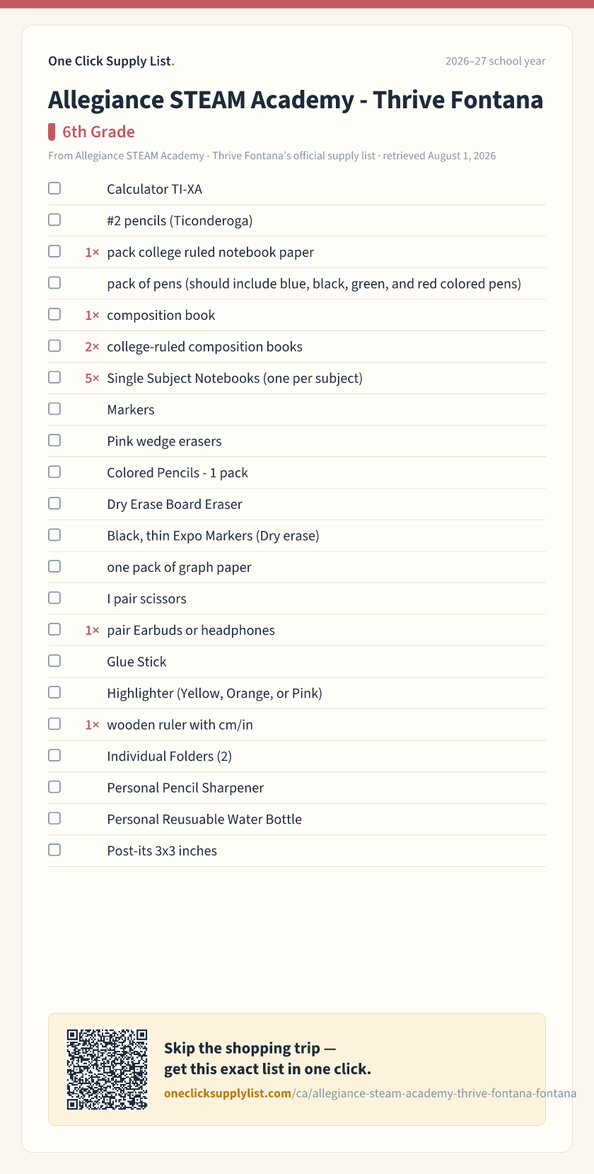 Allegiance STEAM Academy - Thrive Fontana 6th Grade supply list — printable image
