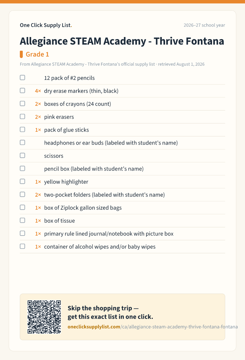 Allegiance STEAM Academy - Thrive Fontana Grade 1 supply list — printable image