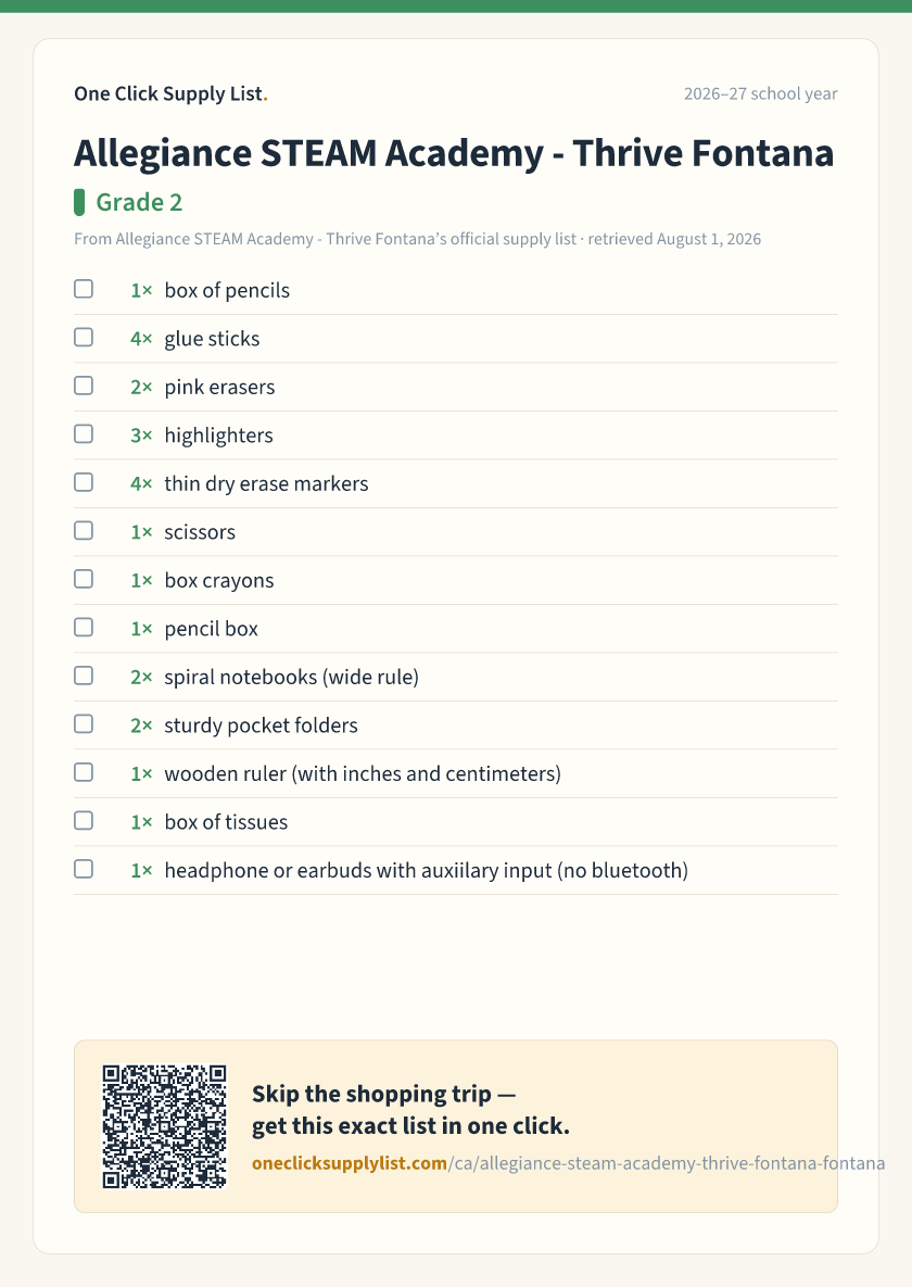 Allegiance STEAM Academy - Thrive Fontana Grade 2 supply list — printable image
