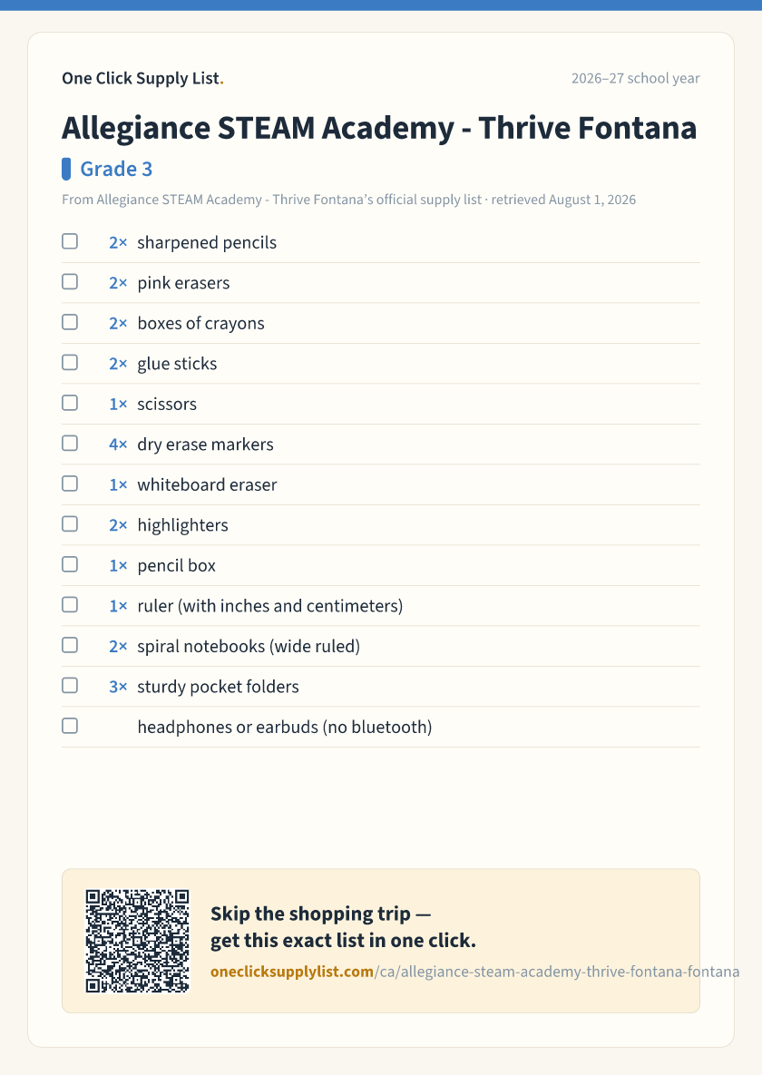 Allegiance STEAM Academy - Thrive Fontana Grade 3 supply list — printable image