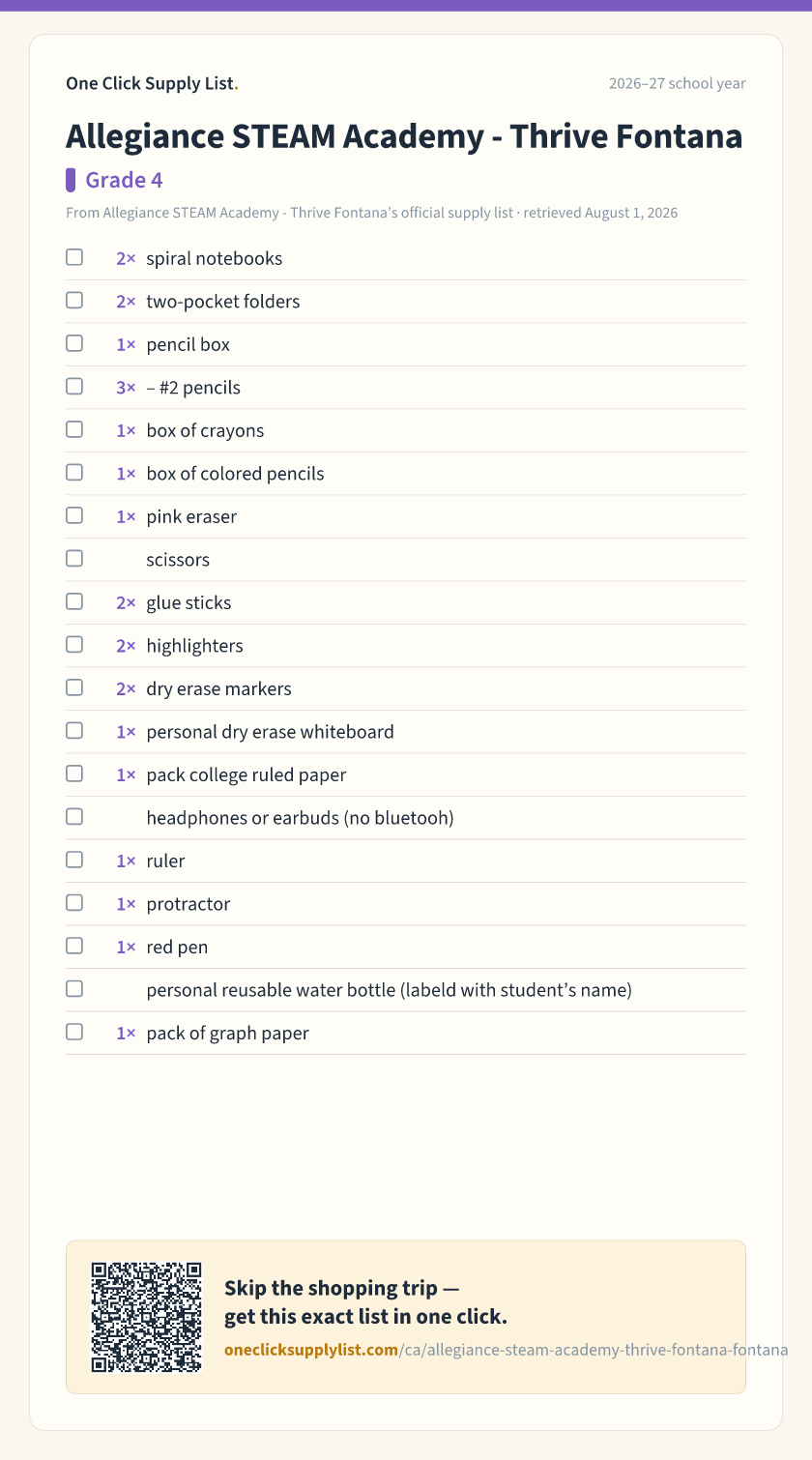 Allegiance STEAM Academy - Thrive Fontana Grade 4 supply list — printable image