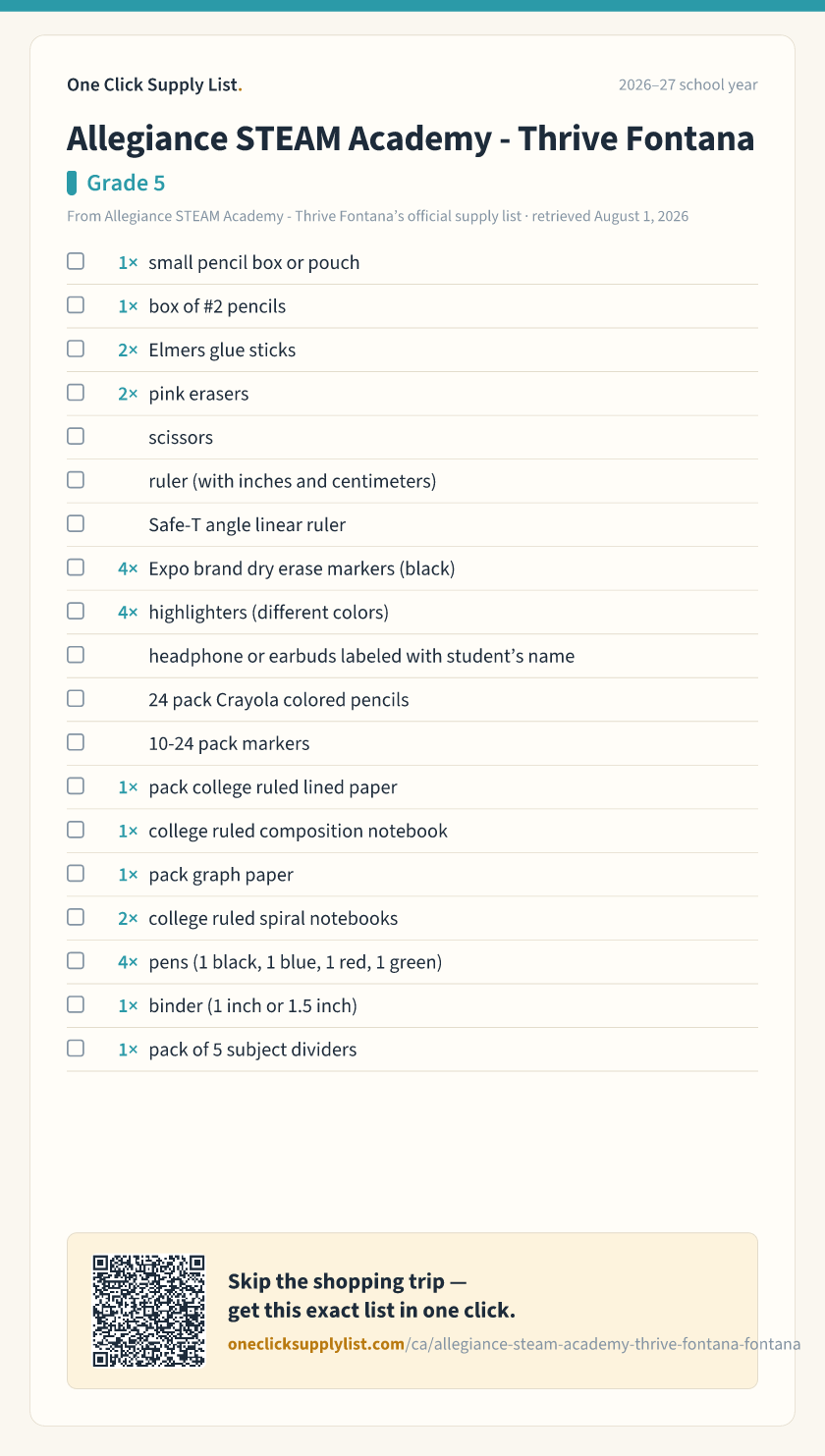 Allegiance STEAM Academy - Thrive Fontana Grade 5 supply list — printable image