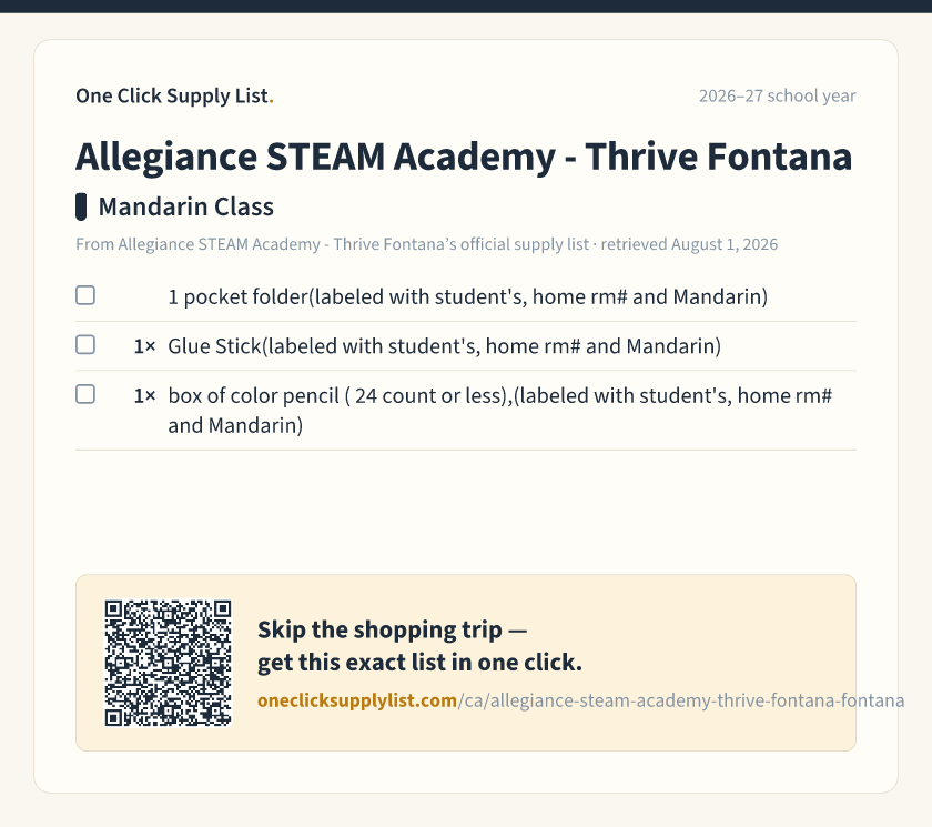 Allegiance STEAM Academy - Thrive Fontana Mandarin Class supply list — printable image