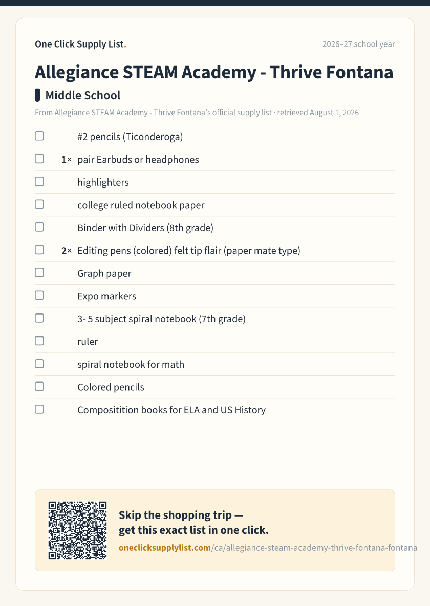 Allegiance STEAM Academy - Thrive Fontana Middle School supply list — printable image