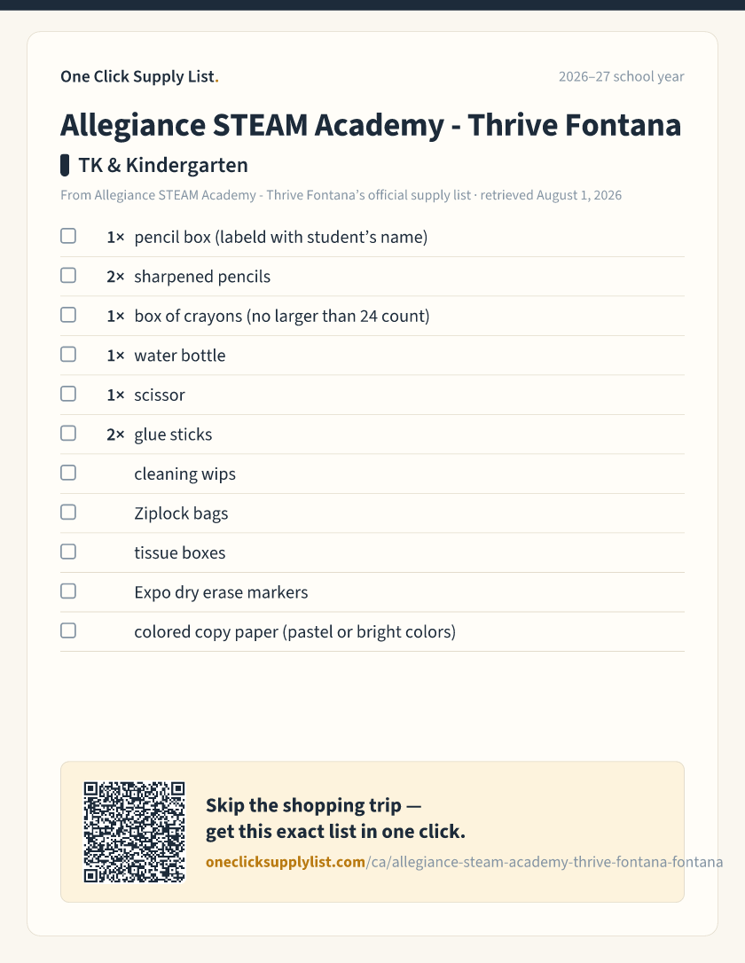 Allegiance STEAM Academy - Thrive Fontana TK & Kindergarten supply list — printable image