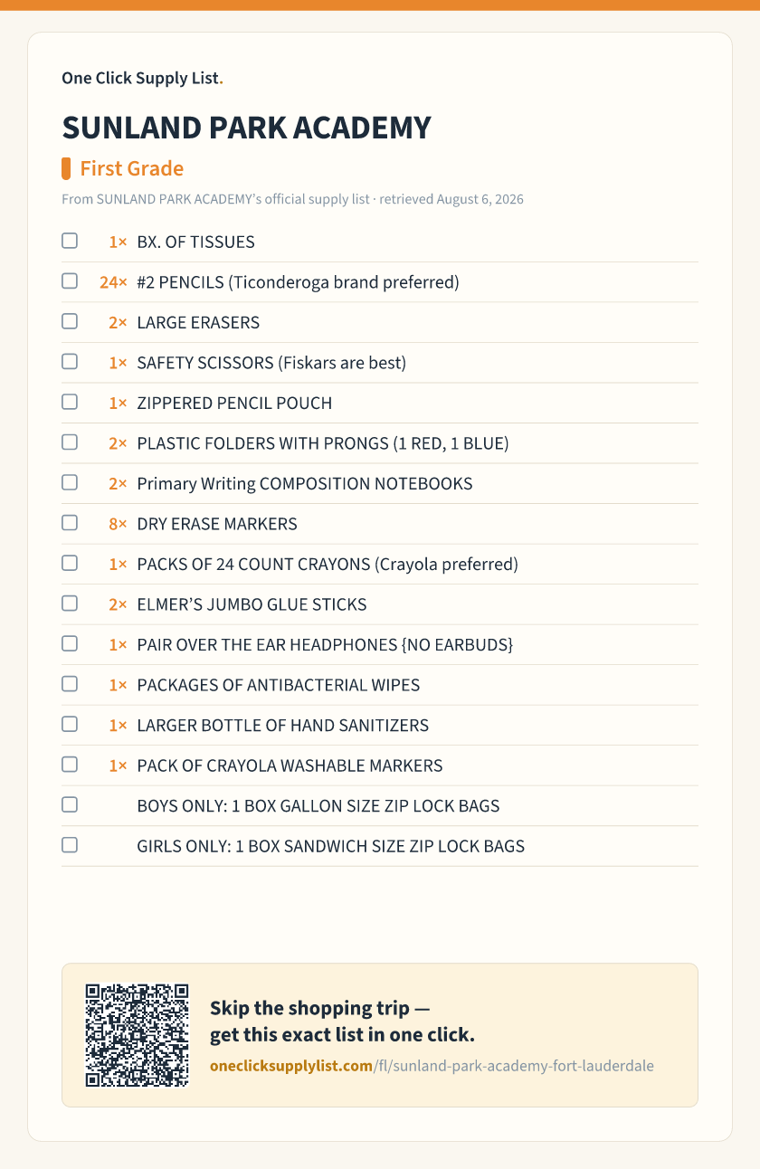 SUNLAND PARK ACADEMY First Grade supply list — printable image
