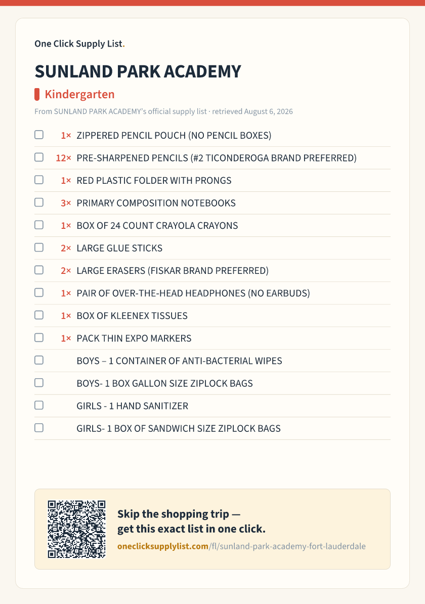 SUNLAND PARK ACADEMY Kindergarten supply list — printable image