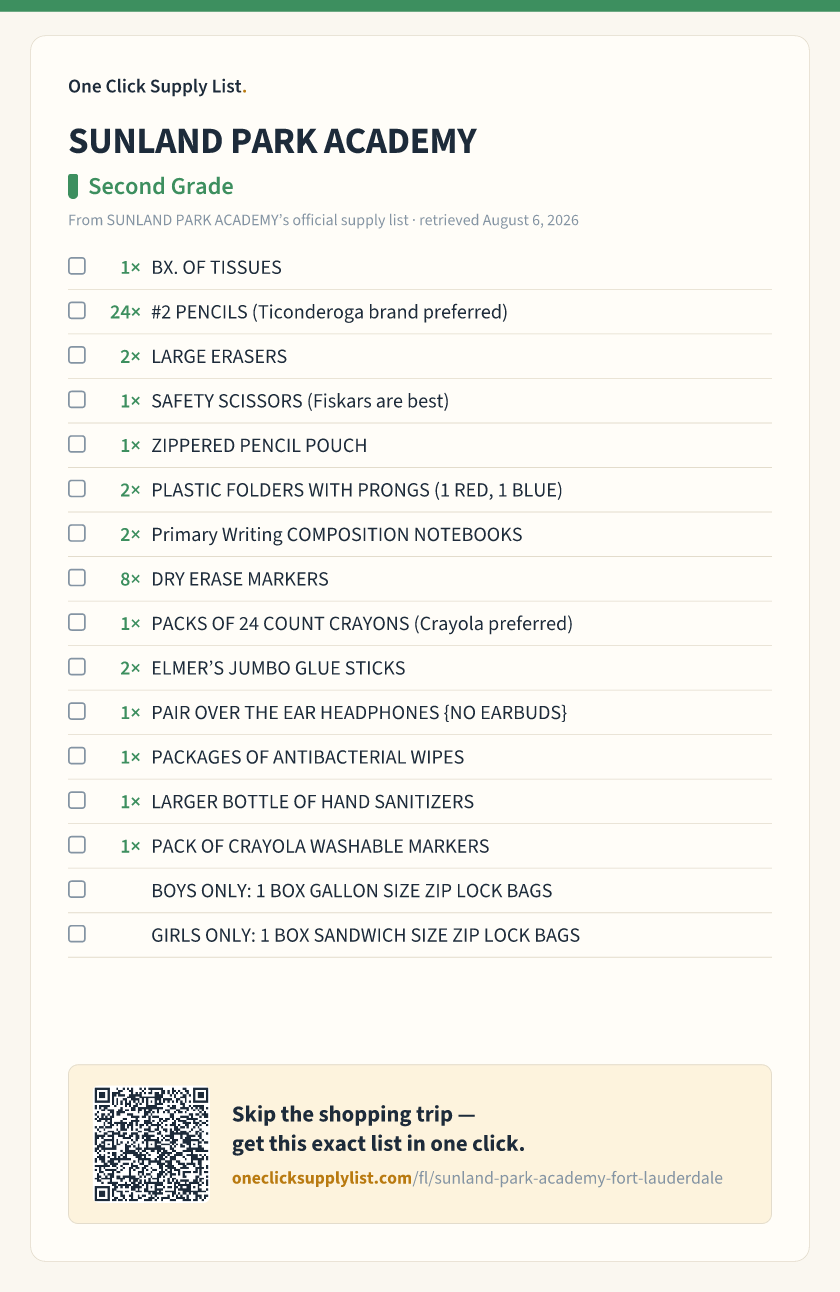 SUNLAND PARK ACADEMY Second Grade supply list — printable image