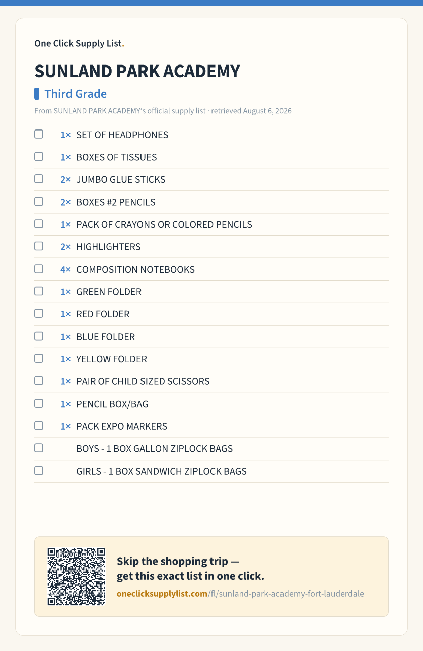 SUNLAND PARK ACADEMY Third Grade supply list — printable image