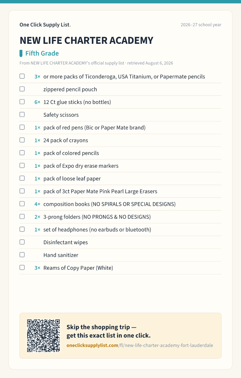 NEW LIFE CHARTER ACADEMY Fifth Grade supply list — printable image