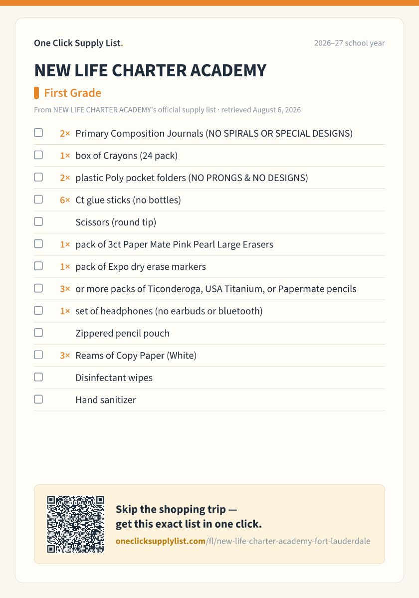 NEW LIFE CHARTER ACADEMY First Grade supply list — printable image