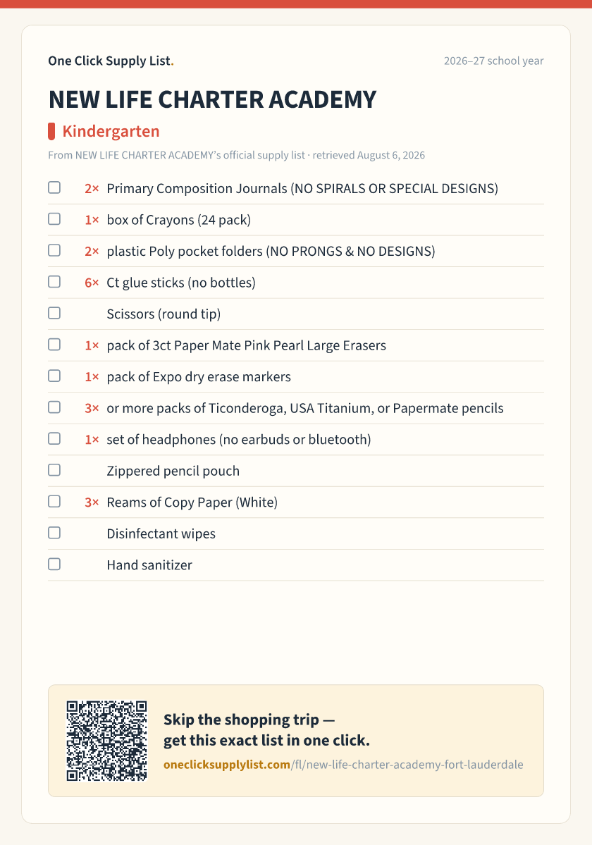 NEW LIFE CHARTER ACADEMY Kindergarten supply list — printable image