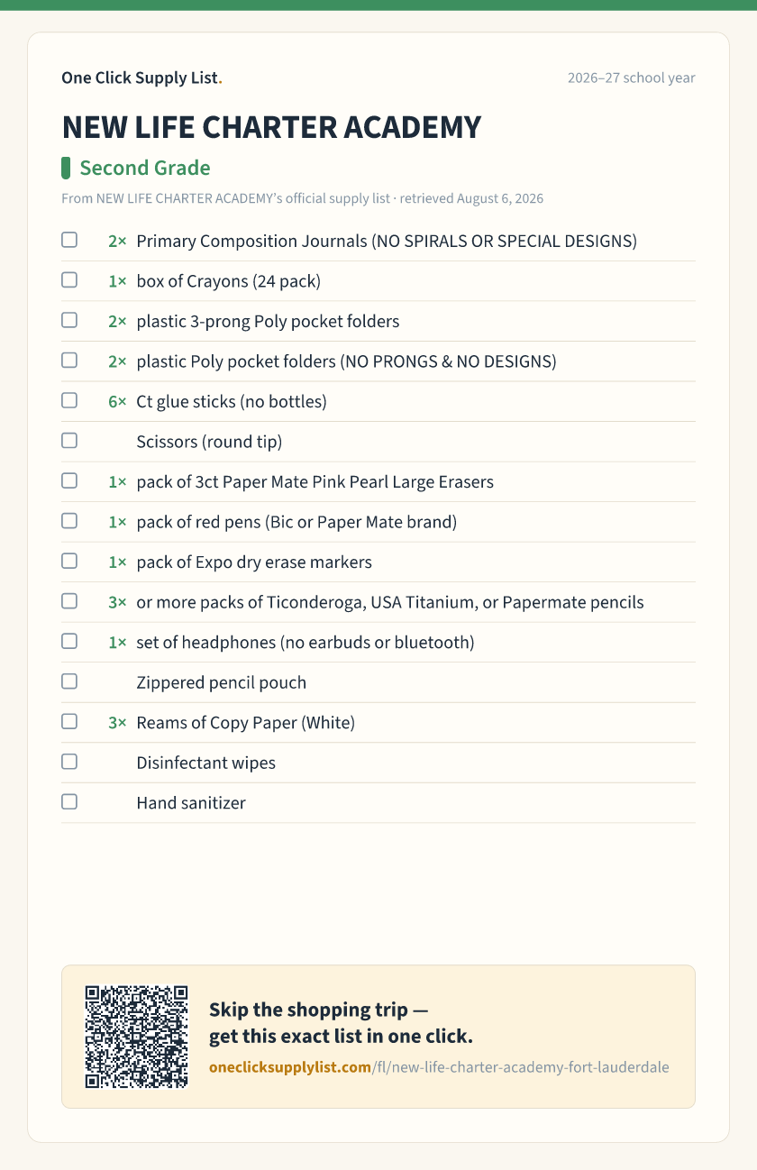 NEW LIFE CHARTER ACADEMY Second Grade supply list — printable image