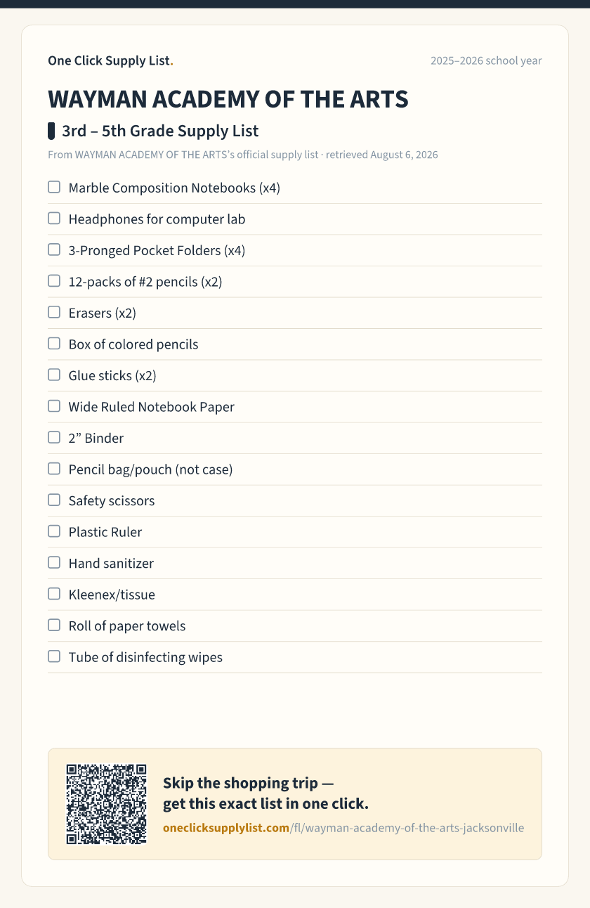 WAYMAN ACADEMY OF THE ARTS 3rd – 5th Grade Supply List supply list — printable image