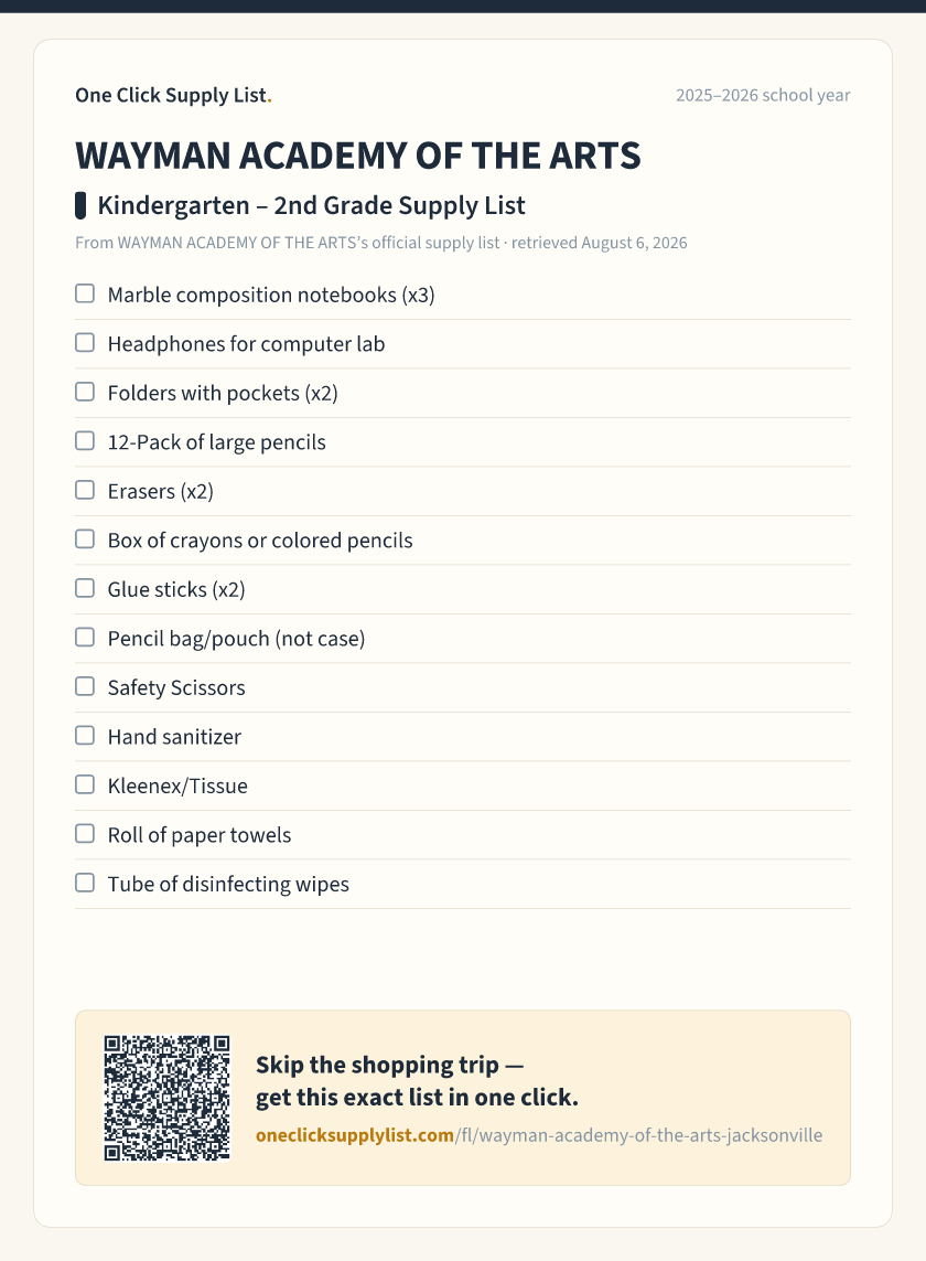 WAYMAN ACADEMY OF THE ARTS Kindergarten – 2nd Grade Supply List supply list — printable image